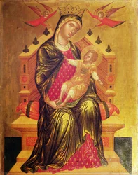 Madonna und Kind auf dem Thron mit zwei Engeln